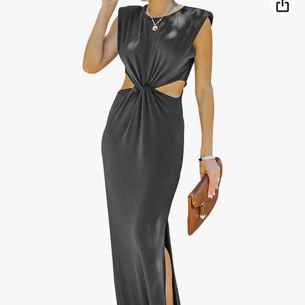 Women Sleeveless Padded Shoulder Sexy Cut Out Dress